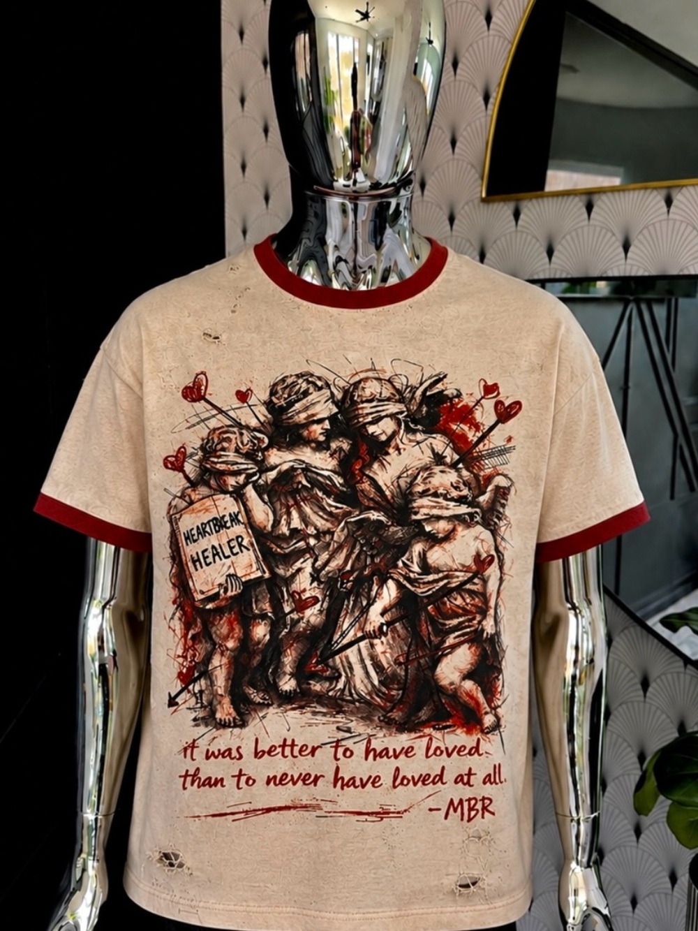 Heartbreak Healer Ringer Tee - Cream with Red Trim